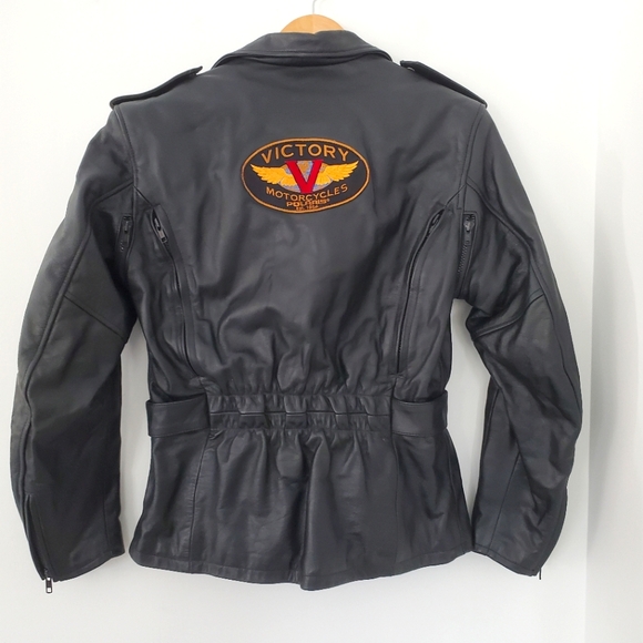 VICTORY MOTORCYCLE Women M Black Leather Moto Zips Jacket Belted Logos V… - Picture 8 of 16
